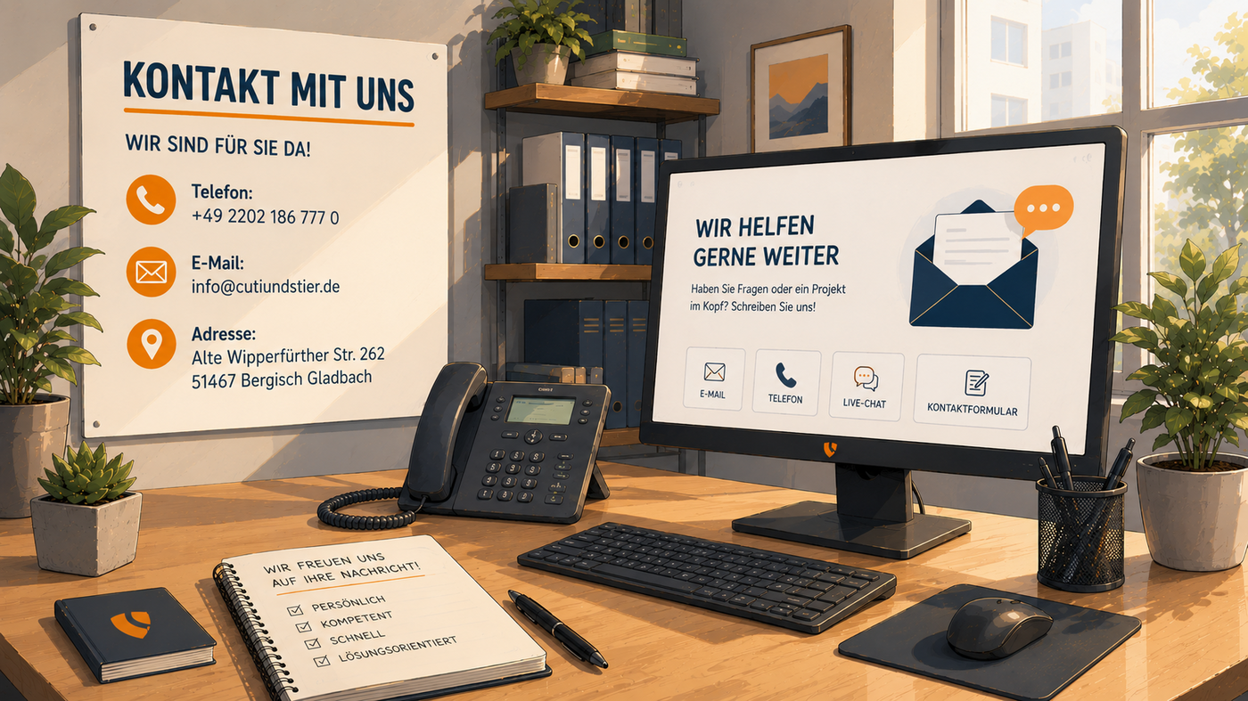 Kontakt | Persönliche Beratung | cuti und stier Ein moderner Schreibtisch mit einem Computer, Telefon und Notizblock. An der Wand hängt ein Schild mit Kontaktinformationen. Auf dem Bildschirm sind Symbole für Telefon, Live-Chat und ein Kontaktformular zu sehen. Der Raum hat viel Tageslicht und Pflanzen.