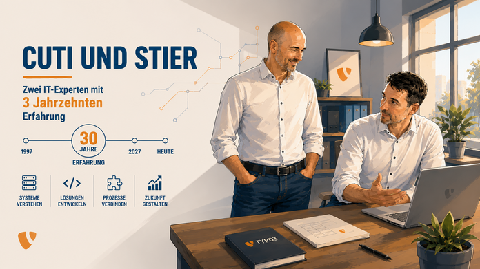 cuti und stier – IT-Service, TYPO3 & individuelle Webentwicklung Zwei IT-Experten stehen in einem modernen Büro und diskutieren. Ein Laptop und einige Notizen liegen auf dem Tisch. Im Hintergrund ist ein Grafikelement zu sehen, das ihre 30-jährige Erfahrung und ihr Fachwissen hervorhebt.
