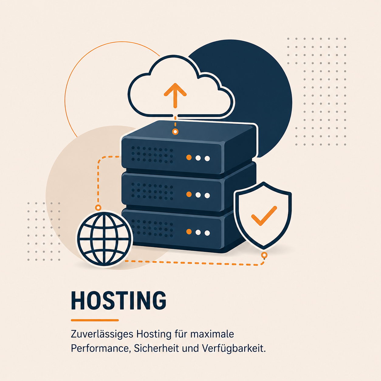 Hosting Grafische Darstellung von Hosting mit einem Cloud-Symbol, einem Server, einem Globus und einem Sicherheitssymbol. Der Text beschreibt zuverlässiges Hosting für maximale Leistung, Sicherheit und Verfügbarkeit. Farben: Blau, Orange, Beige.