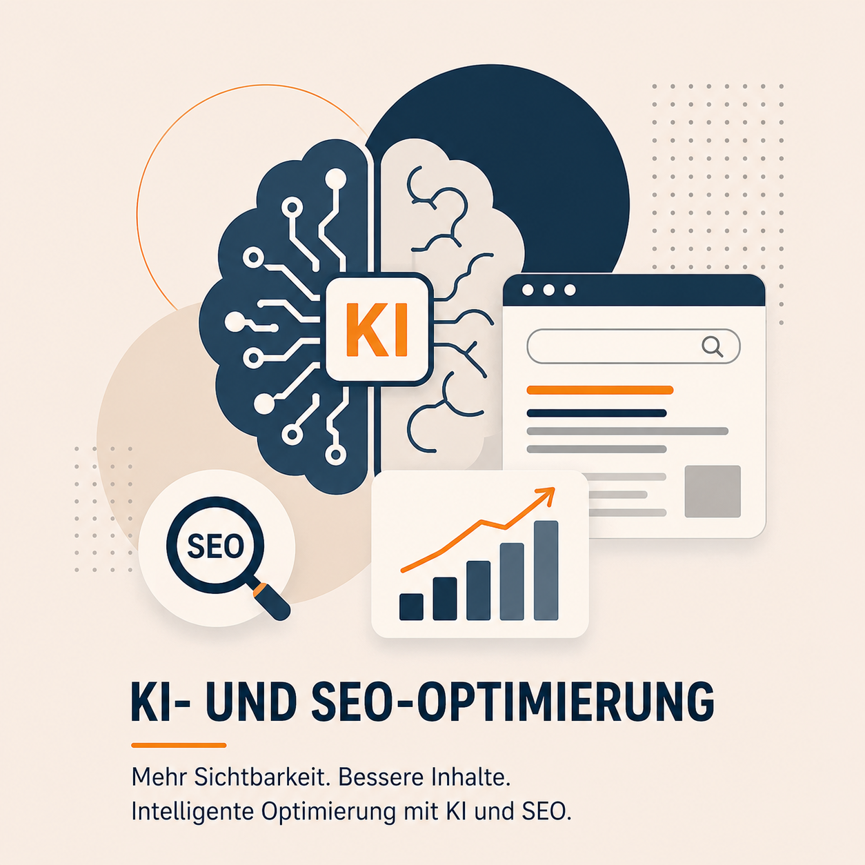 KI- und SEO-Optimierung Das Bild zeigt eine Grafik zur KI- und SEO-Optimierung. In der Mitte befindet sich ein Gehirn mit Schaltkreisen, umgeben von Symbolen für SEO, einem Diagramm und einer Webseite. Der Text betont mehr Sichtbarkeit und bessere Inhalte durch intelligente Optimierung.