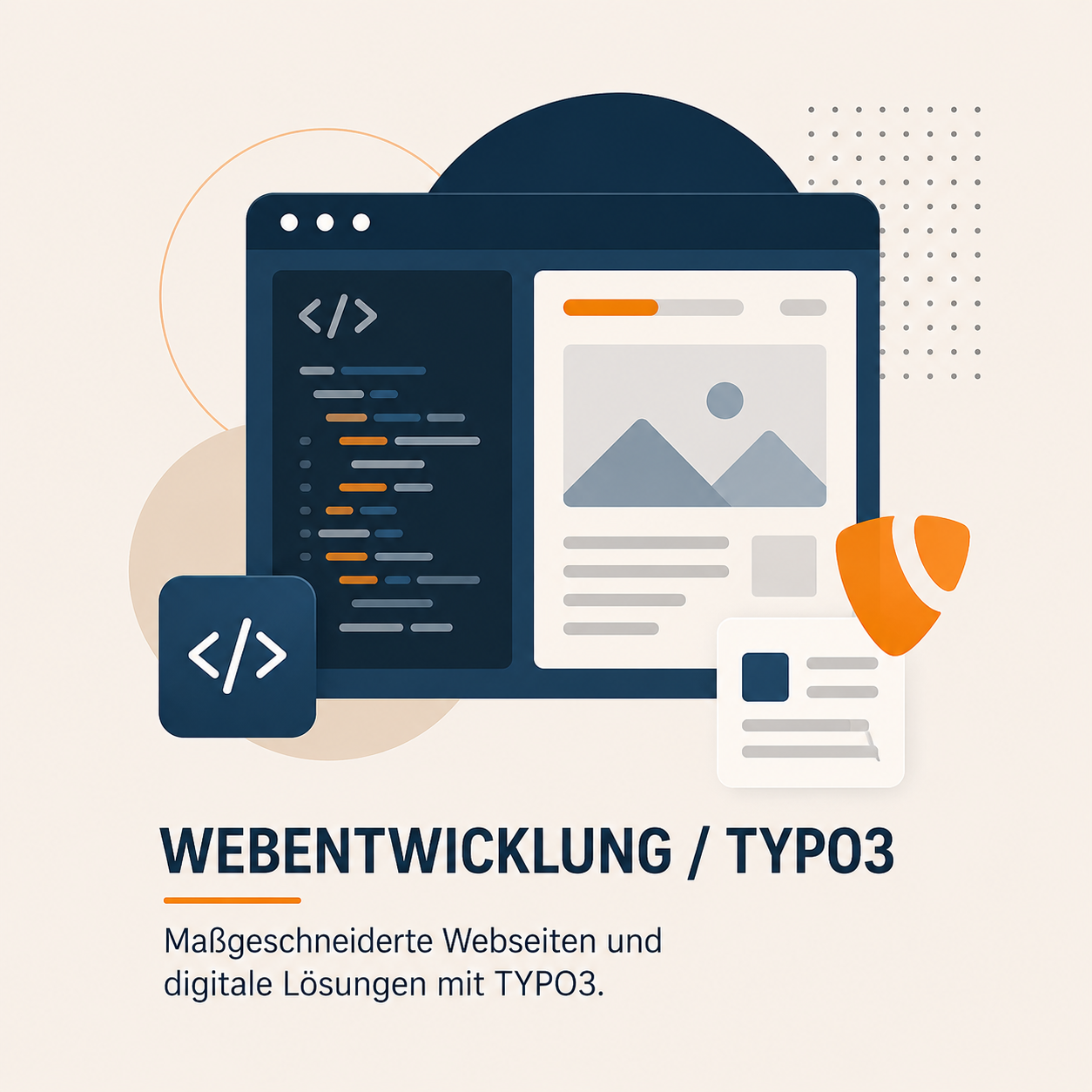 Webentwicklung / TYPO3 Ein stilisiertes Computerbildschirm-Design zeigt Programmiercode, ein Bild und Text. Darunter steht "Webentwicklung / TYPO3" mit dem Hinweis auf maßgeschneiderte Webseiten und digitale Lösungen. Der Hintergrund ist in sanften Farben gehalten und umfasst geometrische Formen.