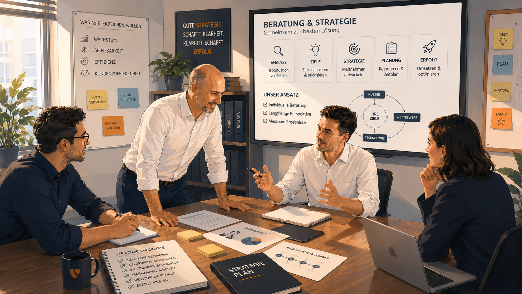 Kompetenzen – IT-Service, Webentwicklung & TYPO3 | cuti und stier Vier Personen sitzen an einem Tisch in einem Besprechungsraum. Sie diskutieren über Strategien und Pläne, während ein Bildschirm mit Diagrammen und Texten im Hintergrund sichtbar ist. Arbeitsmaterialien sind auf dem Tisch verteilt, darunter Notizen und Laptops.
